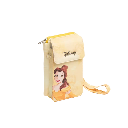 Disney Belle phone pouch in a pale yellow faux leather with a printed illustration of Belle on the front, featuring a top zipper, gold-tone logo, and matching wrist strap on a white background.