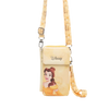 Disney Belle phone pouch in a pale yellow color, featuring an illustration of Belle on the front, a matching patterned shoulder strap, and a wristlet loop with silver metal hardware, shown against a plain white background.