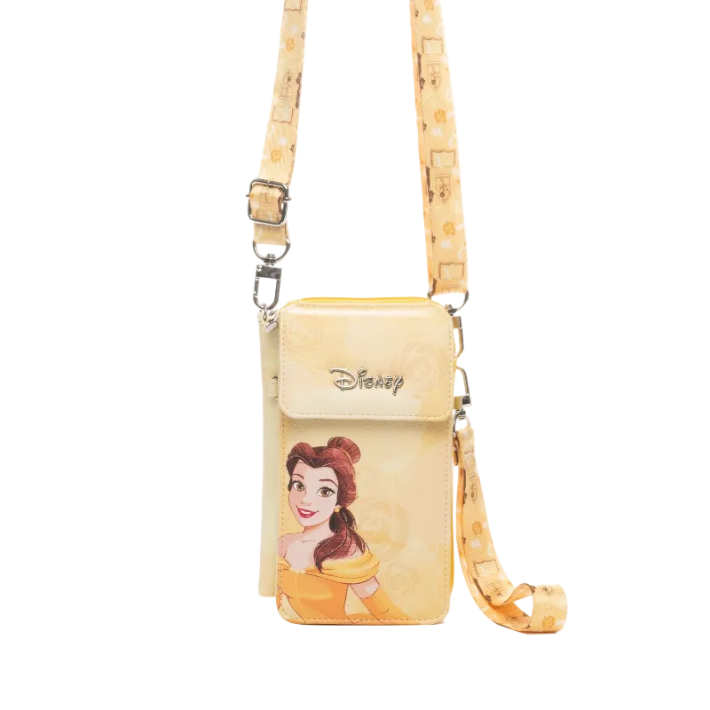 Disney Belle phone pouch in a pale yellow color, featuring an illustration of Belle on the front, a matching patterned shoulder strap, and a wristlet loop with silver metal hardware, shown against a plain white background.