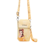 Disney Belle phone pouch in a pale yellow color, featuring an illustration of Belle on the front, a matching patterned shoulder strap, and a wristlet loop with silver metal hardware, shown against a plain white background.