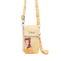 Disney Belle phone pouch in a pale yellow color, featuring an illustration of Belle on the front, a matching patterned shoulder strap, and a wristlet loop with silver metal hardware, shown against a plain white background.