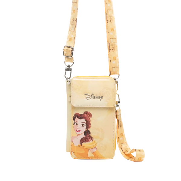 Disney Belle phone pouch in a pale yellow color, featuring an illustration of Belle on the front, a matching patterned shoulder strap, and a wristlet loop with silver metal hardware, shown against a plain white background.