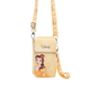 Disney Belle phone pouch in a pale yellow color, featuring an illustration of Belle on the front, a matching patterned shoulder strap, and a wristlet loop with silver metal hardware, shown against a plain white background.