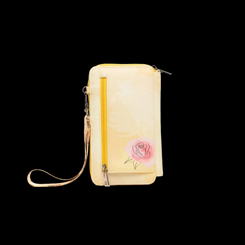 A pale yellow waterproof pouch wallet with a pink rose illustration on the front, featuring a vertical yellow zipper, a wristlet strap, and a top zip closure, shown on a plain white background.