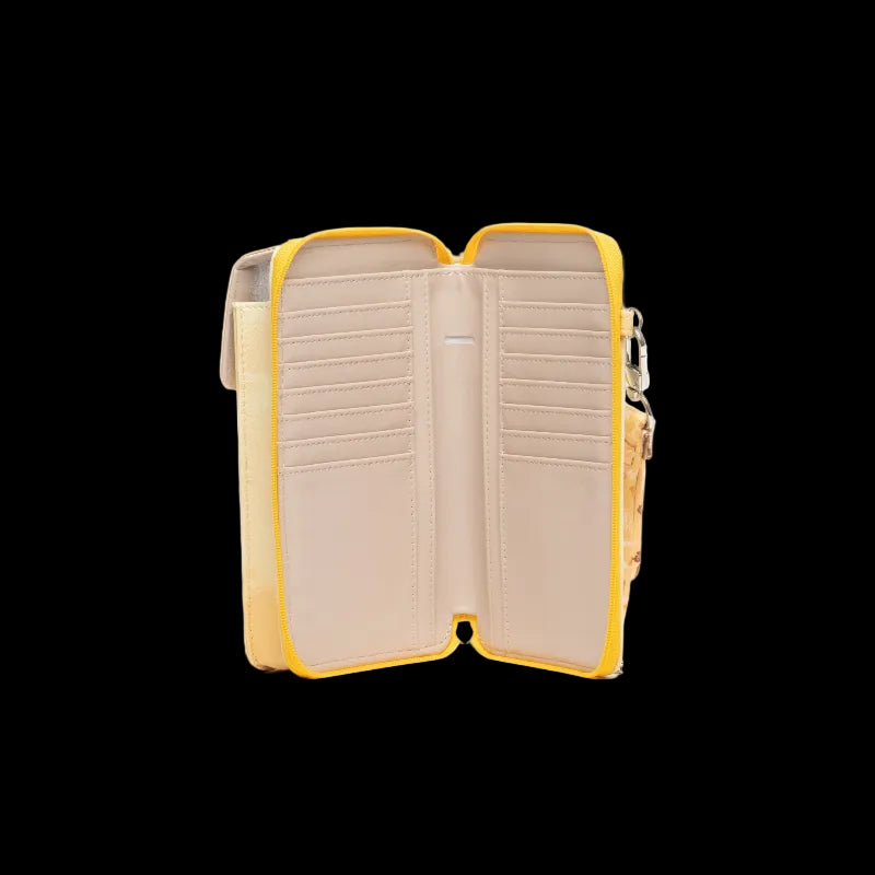 An open wallet or card holder case with a beige interior and bright yellow trim, shown against a plain white background.