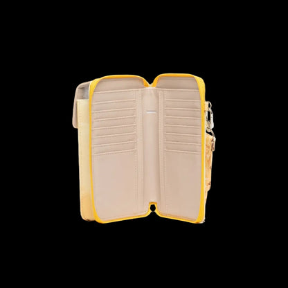 An open wallet or card holder case with a beige interior and bright yellow trim, shown against a plain white background.