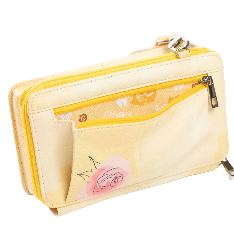 A pale yellow faux-leather wallet with a pink rose print on the front pocket, featuring a yellow zipper, a clear zippered interior pocket with floral lining, and gold-tone metal hardware.