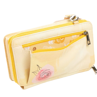 A pale yellow faux-leather wallet with a pink rose print on the front pocket, featuring a yellow zipper, a clear zippered interior pocket with floral lining, and gold-tone metal hardware.