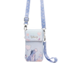 Disney crossbody phone pouch featuring Eeyore, a light blue and lavender color scheme with pink heart accents, and a matching patterned strap on a white background.