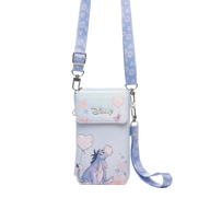 Disney crossbody phone pouch featuring Eeyore, a light blue and lavender color scheme with pink heart accents, and a matching patterned strap on a white background.