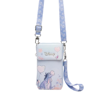 Disney crossbody phone pouch featuring Eeyore, a light blue and lavender color scheme with pink heart accents, and a matching patterned strap on a white background.