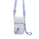 Disney crossbody phone pouch featuring Eeyore, a light blue and lavender color scheme with pink heart accents, and a matching patterned strap on a white background.