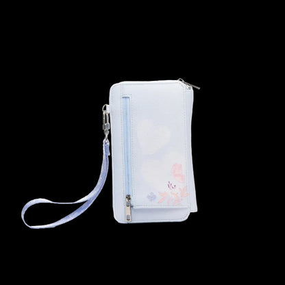 A light blue faux-leather wallet with a matching wrist strap, featuring a subtle heart and floral pattern on the front, set against a plain white background.