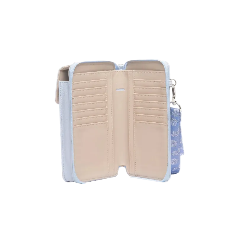 An open light blue and beige wallet with multiple card slots, a zip-around closure, and a blue patterned wristlet strap on a white background.