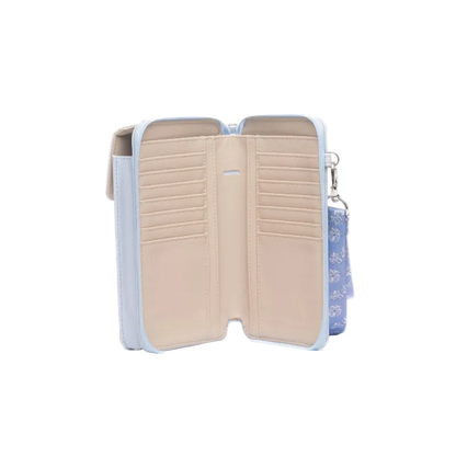 An open light blue and beige wallet with multiple card slots, a zip-around closure, and a blue patterned wristlet strap on a white background.