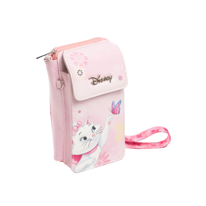 A pink Disney wallet featuring Marie the cat character, a butterfly print, and a matching wristlet strap, shown on a plain white background.