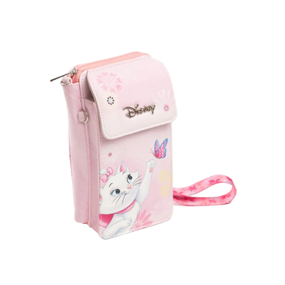 A pink Disney wallet featuring Marie the cat character, a butterfly print, and a matching wristlet strap, shown on a plain white background.