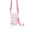 A pink Disney crossbody phone pouch featuring Marie the cat character, a butterfly graphic, and a matching pink floral strap, shown against a plain white background.