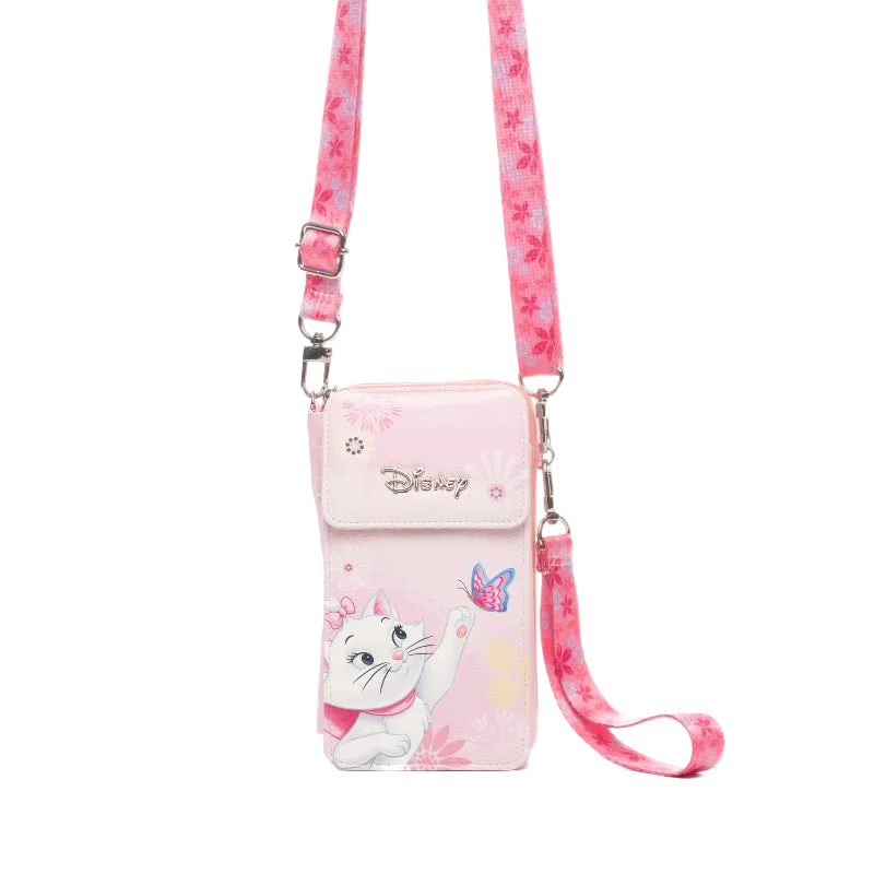 A pink Disney crossbody phone pouch featuring Marie the cat character, a butterfly graphic, and a matching pink floral strap, shown against a plain white background.