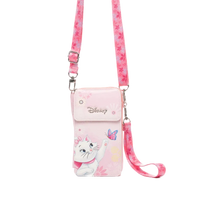 A pink Disney crossbody phone pouch featuring Marie the cat character, a butterfly graphic, and a matching pink floral strap, shown against a plain white background.
