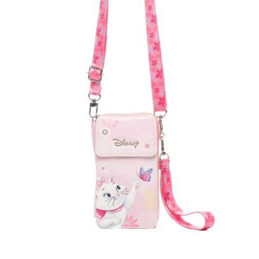 A pink Disney crossbody phone pouch featuring Marie the cat character, a butterfly graphic, and a matching pink floral strap, shown against a plain white background.