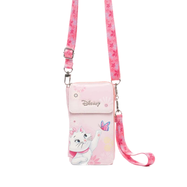 A pink Disney crossbody phone pouch featuring Marie the cat character, a butterfly graphic, and a matching pink floral strap, shown against a plain white background.