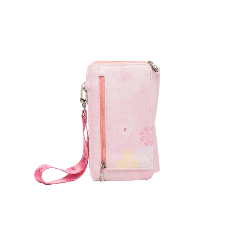 A light pink faux leather phone pouch with a matching wristlet strap, featuring a vertical pink zipper, a front card slot pocket, and a subtle floral pattern with yellow and pink accents.