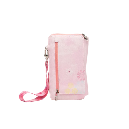 A light pink faux leather phone pouch with a matching wristlet strap, featuring a vertical pink zipper, a front card slot pocket, and a subtle floral pattern with yellow and pink accents.