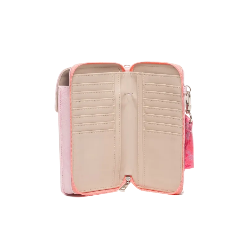 An open zip-around wallet with multiple card slots, shown against a plain white background. The wallet features a light pink exterior, a beige interior lining, and a pink patterned charm attached on the right side.