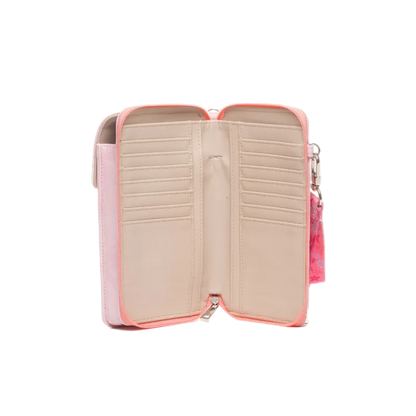 An open zip-around wallet with multiple card slots, shown against a plain white background. The wallet features a light pink exterior, a beige interior lining, and a pink patterned charm attached on the right side.
