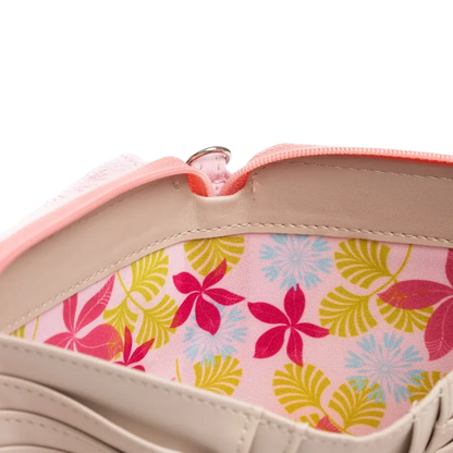 Close-up of a beige leather zipper pouch showing a vibrant pink, yellow, and blue floral patterned interior lining.