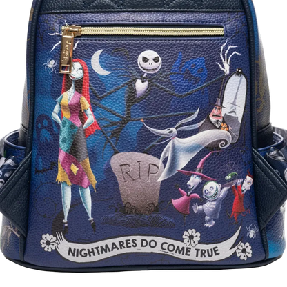 Backpack with 'Nightmare Before Christmas' design featuring Jack Skellington and Sally.