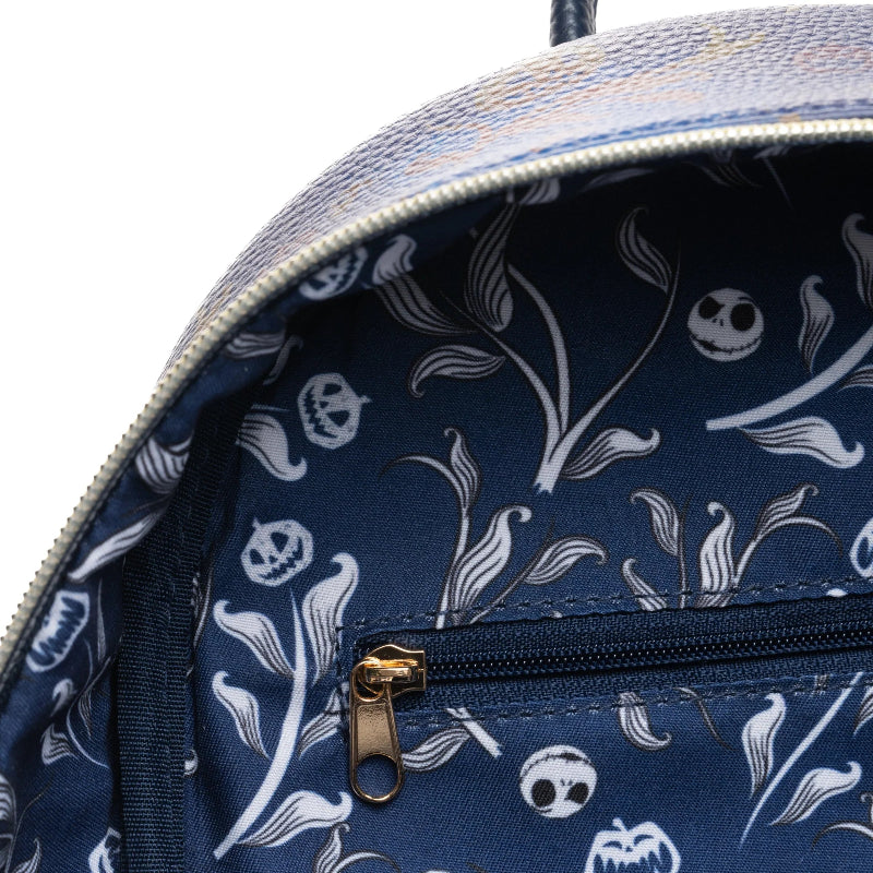Backpack interior with Jack Skellington pattern on a blue background