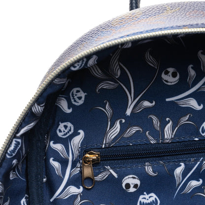 Backpack interior with Jack Skellington pattern on a blue background