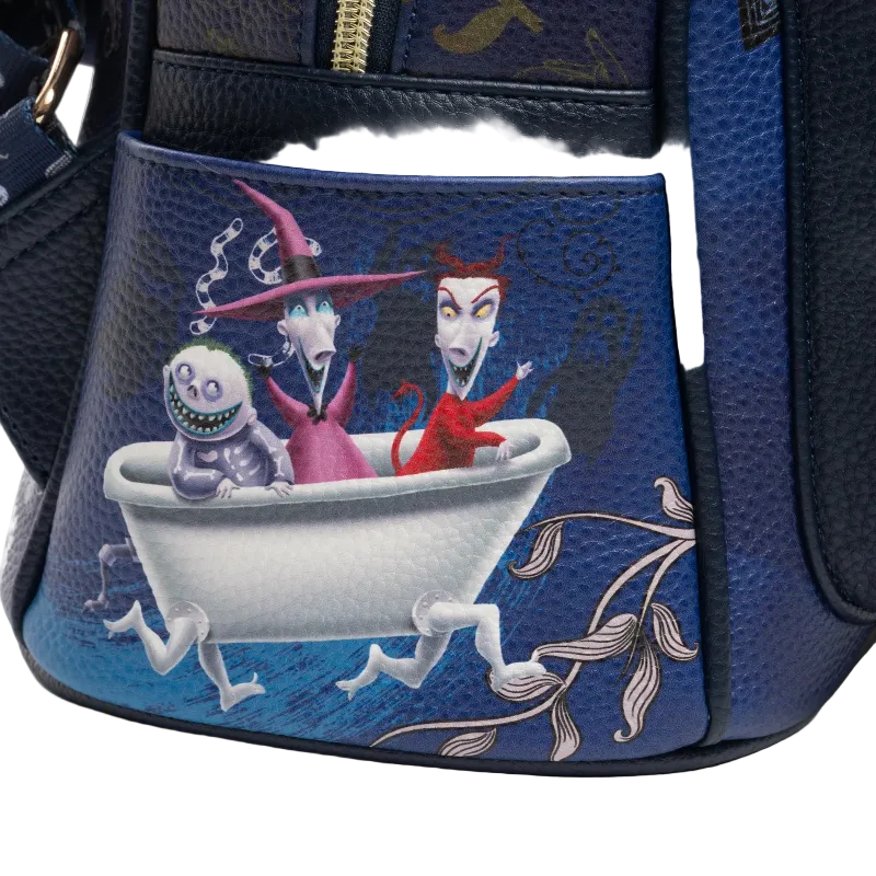 Backpack with animated character design on a blue background