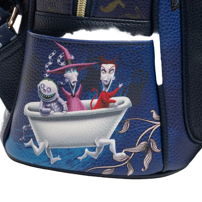 Backpack with animated character design on a blue background