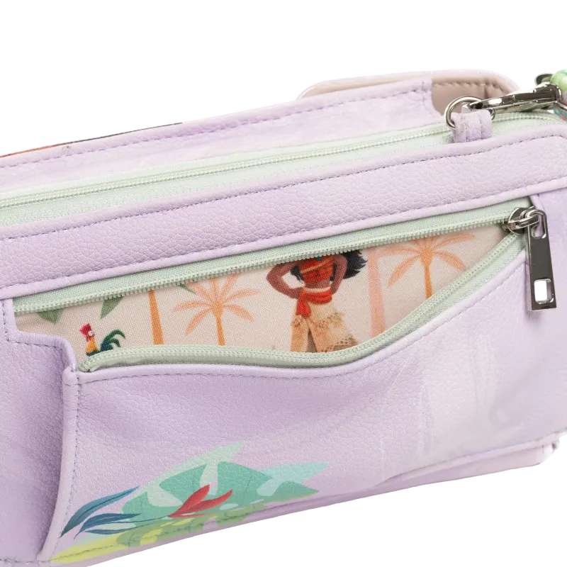 A close-up of a pastel lavender zippered pouch with a tropical print on the front pocket and a side zip compartment showing a Disney Moana character insert.