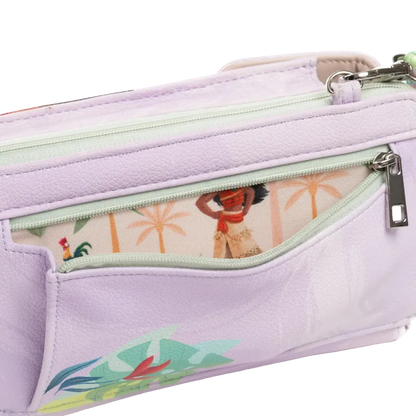 A close-up of a pastel lavender zippered pouch with a tropical print on the front pocket and a side zip compartment showing a Disney Moana character insert.