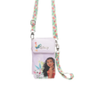 Disney crossbody phone bag featuring Moana and Tui character graphics on a pale lavender body, with a floral strap in pink, green, and blue, shown on a white background.
