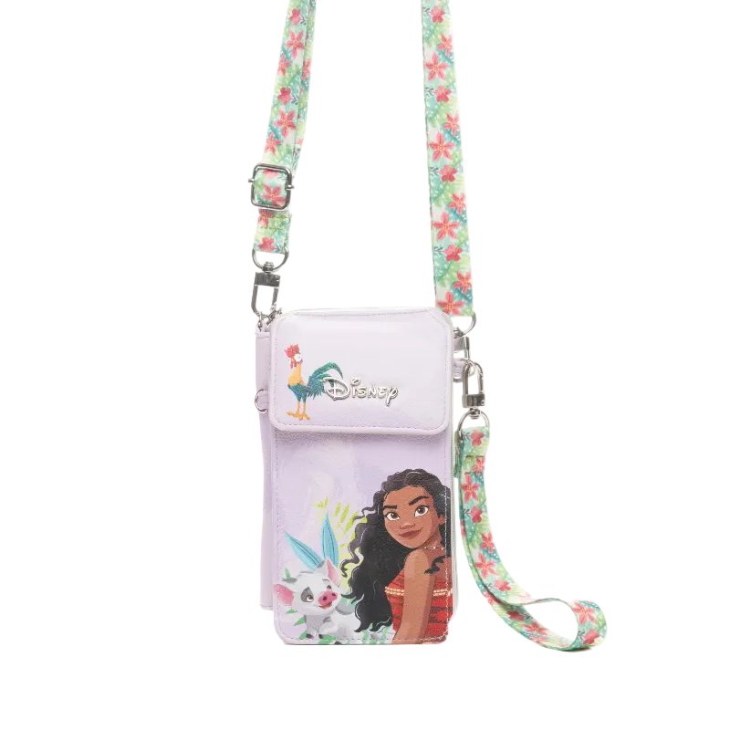Disney crossbody phone bag featuring Moana and Tui character graphics on a pale lavender body, with a floral strap in pink, green, and blue, shown on a white background.