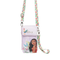 Disney crossbody phone bag featuring Moana and Tui character graphics on a pale lavender body, with a floral strap in pink, green, and blue, shown on a white background.