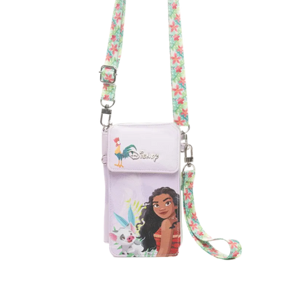 Disney crossbody phone bag featuring Moana and Tui character graphics on a pale lavender body, with a floral strap in pink, green, and blue, shown on a white background.