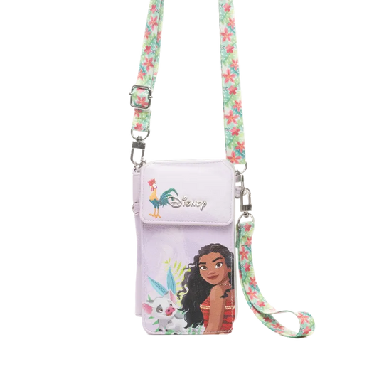 Disney crossbody phone bag featuring Moana and Tui character graphics on a pale lavender body, with a floral strap in pink, green, and blue, shown on a white background.