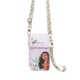 Disney crossbody phone bag featuring Moana and Tui character graphics on a pale lavender body, with a floral strap in pink, green, and blue, shown on a white background.