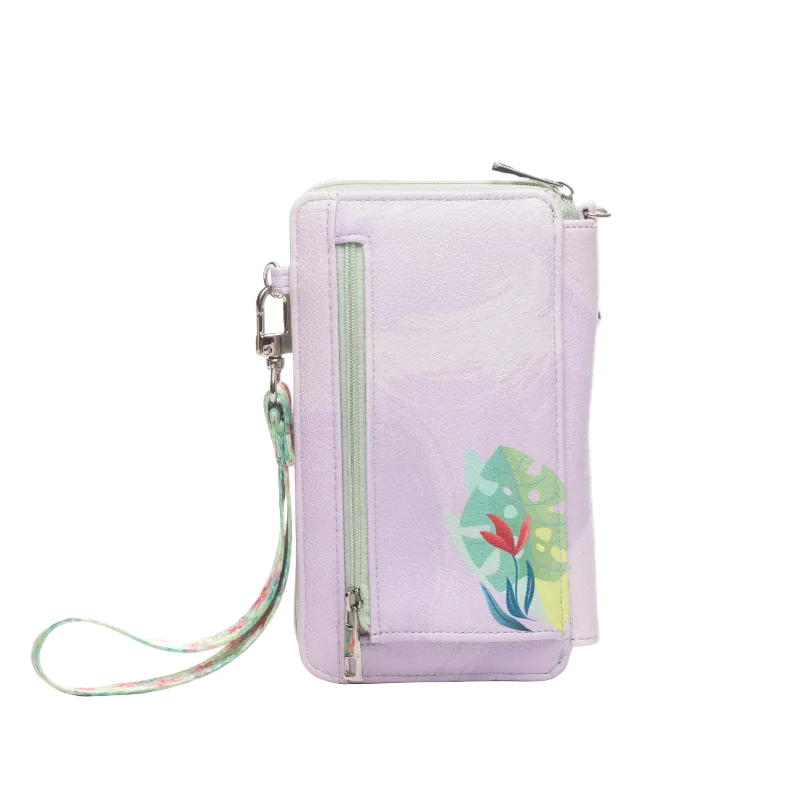 A light purple textured crossbody phone bag with a colorful tropical leaf and flower print on the front, featuring a wrist strap and silver zippers, shown on a white background.