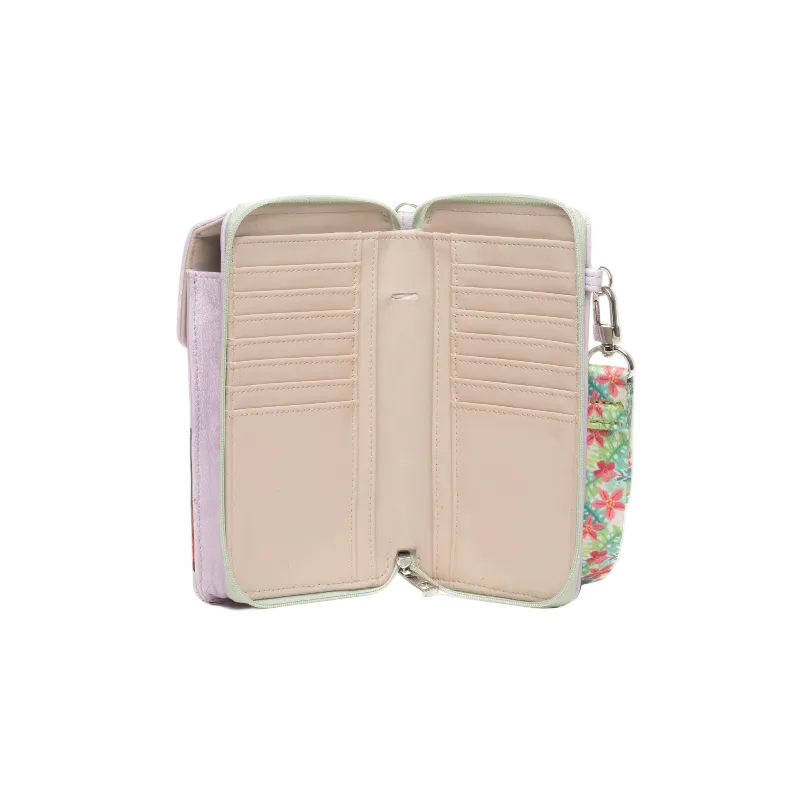 An open zip-around wallet with a pastel lavender exterior, beige interior card slots, and a floral wristlet strap in green, pink, and red on a white background.