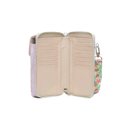 An open zip-around wallet with a pastel lavender exterior, beige interior card slots, and a floral wristlet strap in green, pink, and red on a white background.