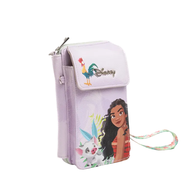 A lavender faux-leather wristlet phone pouch featuring Disney character prints including Moana, Maui, and the Disney logo, with a matching floral wrist strap on a white background.