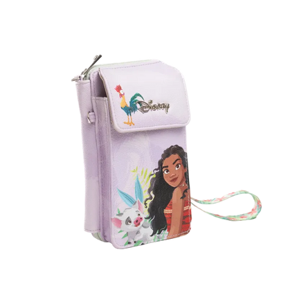 A lavender faux-leather wristlet phone pouch featuring Disney character prints including Moana, Maui, and the Disney logo, with a matching floral wrist strap on a white background.