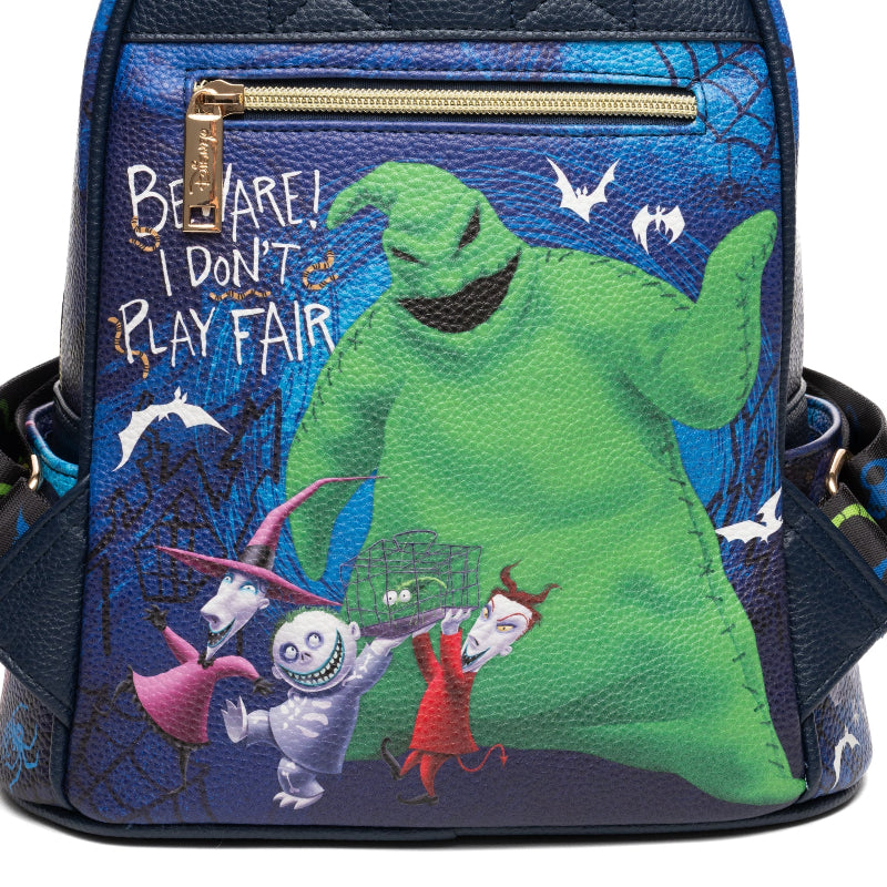 Backpack with animated character design featuring a green creature and text on a blue background.